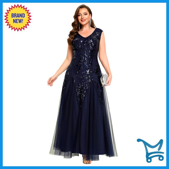 V-Neck Sequin Formal Evening Dress A-Line Cap Sleeves Plus Size Prom Gown
